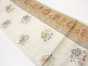 本場筑前博多縞・市松に花々・花唐草模様織出し名古屋帯